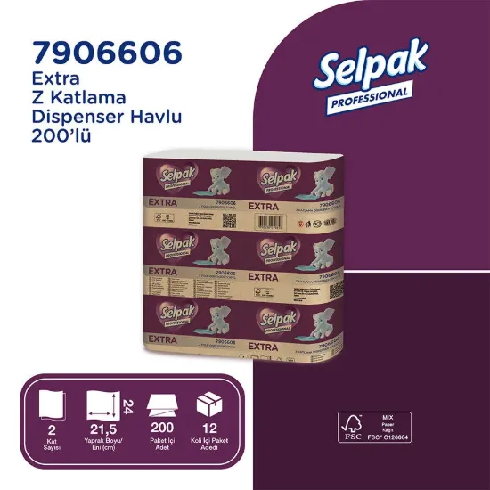 Selpak Professional Extra Z Katlama Dispenser Havlu 21,5 x 24 cm 200 Yaprak - 12'li resmi